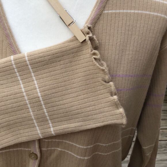 Punto Cardigan Womens Large Tan White Purple Stripe Crew Neck Knit Sweater - Picture 5 of 8